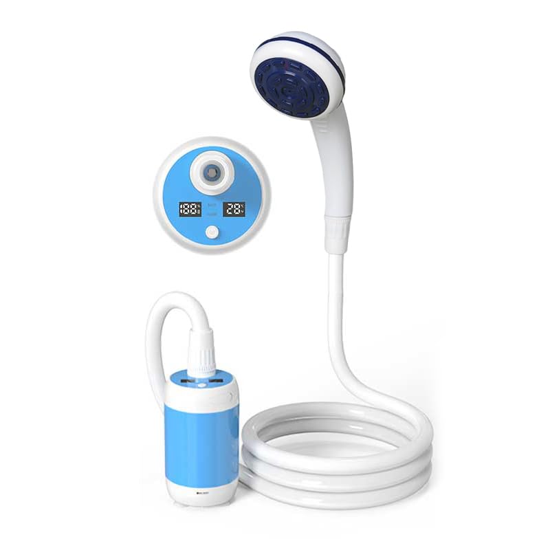 Portable Camping Shower with PD Fast Charging & 12V Car Adapter, USB-C to USB-C Outdoor Shower Pump with Built-in Filter, 1.8m Hose for Camping, RV, Pet Washing, Hiking & Car Cleaning (Ocean Blue)