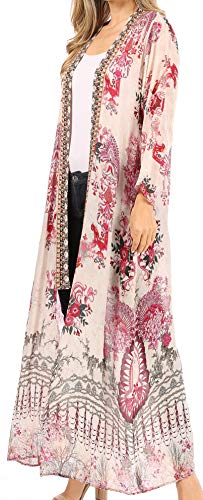 Image of Sakkas Iona Women's Casual Boho Long Kimono Cardigan Open Front Floral Print Loose