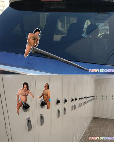 Image of 8 Funny Prank Stickers for Cars and Door Handle Pranks - Ron Jeremy Meme Sticker Amusing Waterproof Vinyl Decals Gag Gift Practical Joke (Blue Speedo)
