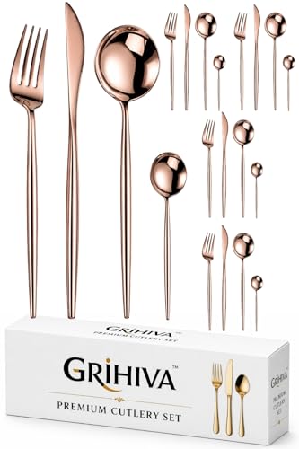 Image of 20 Pcs Rosegold Slim Handle Stainless Steel Cutlery Set for Dining Table with Spoons and Forks Set + Butterknives - The Perfect Tableware /Flatware