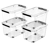 Cetomo 60Qt*4 Plastic Storage Bins, Clear Lidded Storage Box with Wheels, Stackable, 60Quart, Set of 4