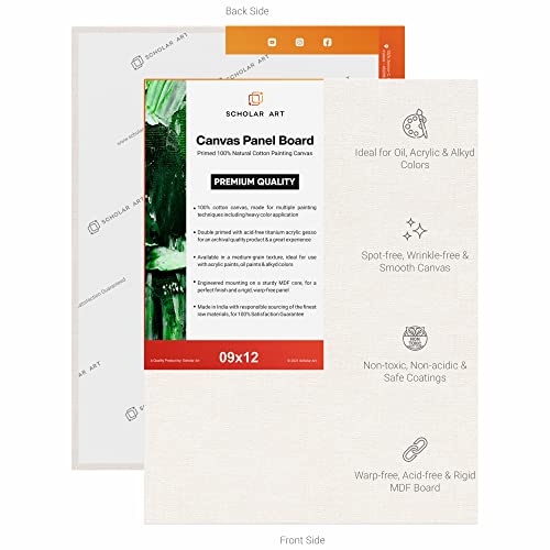 Image of Scholar Art Hobby Series 04 Oz (230 GSM) 100% Cotton Canvas Panel Board for Painting (White Blank Canvas Boards for Acrylic Paint, Oil Paint, Wet & Dry Media) | 09 inchx12 inch (22.5x30 cm), Pack of 4