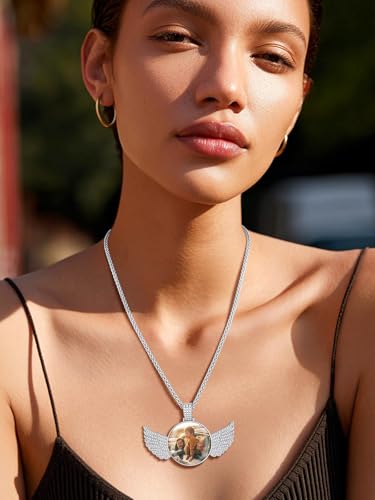 Custom4U Picture Necklace Personalized Photo for Men Women Steel/18K Gold Plated/Black Custom Angel Wings/Heart Pendant Necklace with Picture Memory Iced Out Chain 18-30 Inch,Hip Hop Jewelry+Gift Box3