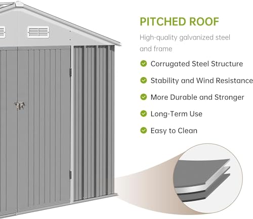 Zstar 10 x 8 FT Outdoor Storage Shed, Waterproof Garden Steel with Updated Frame Structure & Lockable Double Door, Metal Vertical Outside Storage Building for Backyard, Garden, Patio, Grey