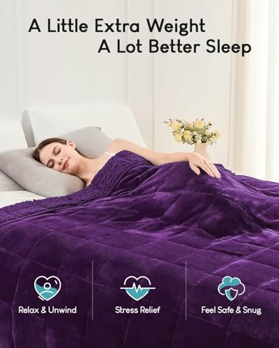 Image of Cottonblue Weighted Blanket 20 lbs Queen Size, Flannel Shaggy Sherpa Weighted Blanket for Adults Comfortable Weighted Blankets for Calming and Relax, Bed Sofa Heavy Blankets, 60x80 inches, Purple