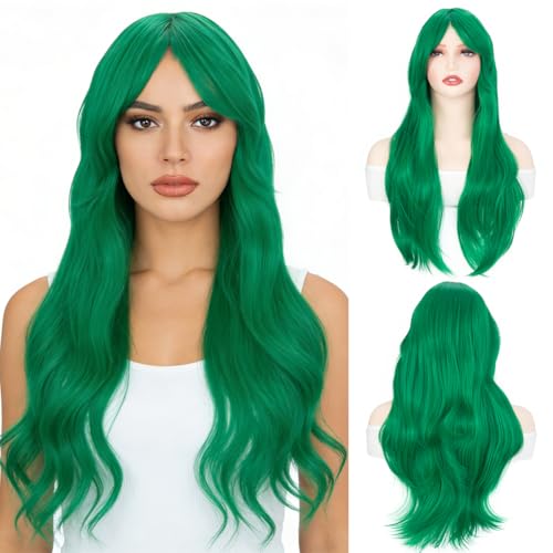 PARXITN Perücke Damen Grün Perücke mit Pony 28 Zoll/70 cm Lang Gewellten Lockig für Frauen Cosplay Halloween Kostüm Karneval Fasching