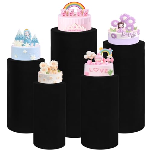 Spandex Cylinder Pedestal Stand Covers Set of 5 Stretchable Cylinder Plinth Covers Dessert Table Display Pillars for Wedding Props Babyshower Birthday Party Event Decor (Black)