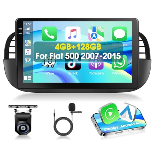 Motorsi 4+128G para Fiat 500 2007-2015, Android 15 1Din 9 Pulgadas 1280P HD Pantalla Táctil Integrada, Wireless Carplay Android Auto Radio,Bluetooth 5.0,EQ,GPS,WiFi,OBD2,DVR,Dab,AHD/CVBS Cámara+Mic