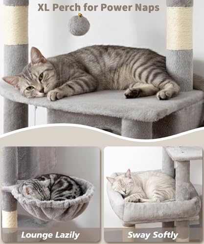 Image of 74 Inch Heavy Duty Cat Tree for Large Cats, Multi-Cat Tower with 3 Condos, Tall Cat Condo with XL Platform, Hanging Basket & Sisal Scratching Posts, PMT04GY, Grey