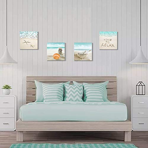 UTOP-art Seashell Beach Pictures Canvas Wall Art For Bathroom Drift Bottle & Seashells on the Beach Pictures Canvas Print for Bathroom (12'' x 12'' x 4 Panels) - Image 7
