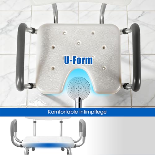 EasyVibe Duschstuhl für Senioren mit Saugnapf-Füßen, Duschhocker mit U-Ausschnitt, Badestuhl mit Armlehnen & Rückenlehne, 150kg Tragkraft, Werkzeugfreie Montage, Grau