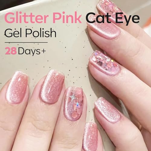 Image of modelones Pink Cat Eye Gel Nail Polish 9D Cateye with Magnet Nail Shimmer Soak Off Reflective Translucent Gel Magnetic Nail Polish 15 ML