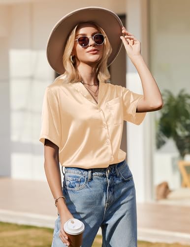 Ekouaer Womens Silk Pajama Sets Short Sleeve Button Down Shirt with Long Pants Soft Sleepwear Satin Pjs Lounge Set S-XXL4