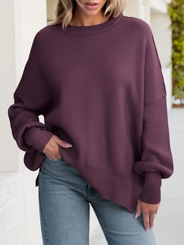Image of ANRABESS Women Oversized Sweaters Batwing Long Sleeve 2026 Fall Outfits Crewneck Casual Knit Side Slit Fashion Pullover Top