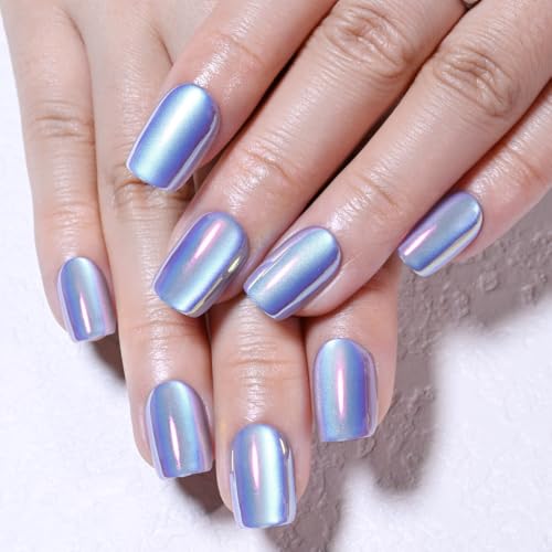 evpct Periwinkle Blue Cat Eye Chrome Aurora Press on Nails Short Square