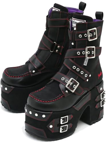 YOSUKE【ヨースケ】レディースデザインベルトスタッズプラットフォームブーツ YOSUKE【ヨースケ】レディースデザインベルトスタッズプラットフォーム