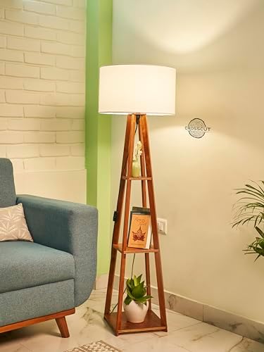 Crosscut Furniture Wooden Floor Lamp with Shelf (Cotton White). LED Bulb Included.