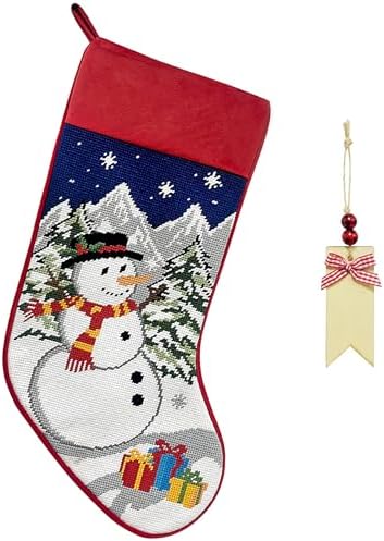 Arciveberg Needlepoint Christmas Stockings, 18 Inches Vintage Xmas Stocking with Personalized Name Tag, Embroidered Snowman Design, Old-Fashioned Christmas Holiday Party Gift Family Decoration