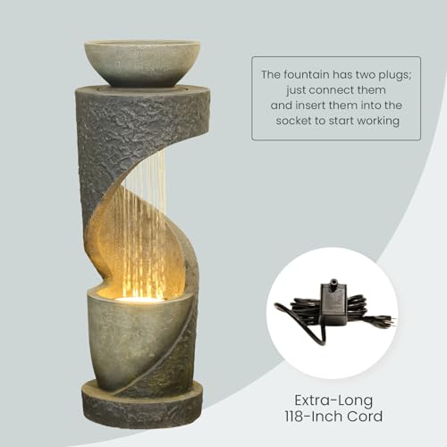 Image of Tiered Outdoor Water Fountain, Modern Spiral Cascading Waterfall Fountain with Planter, Freestanding Resin Indoor Water Feature for Room, Garden, Patio, Deck, 31.5 inchH with Light Stone-Texture