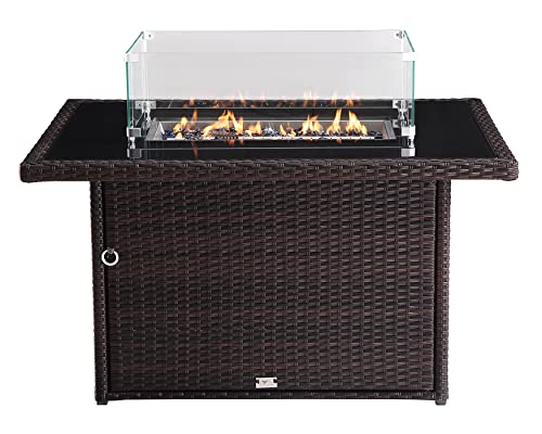 Oakville Furniture 44 In Propane Fire Pit Table, 50000 Btu Rectangular Outdoor Gas Fire Pit, Brown Wicker Aluminum Tabletop In Tempered Fire Glass For Outside Patio Garden, Backyard #TOP1
