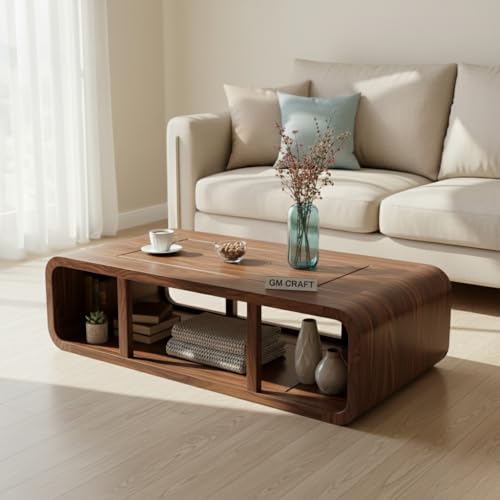 Image of Sheeshsam Wooden Center Coffee Table - Solid Wooden Coffee Table for Living Room - Tea Table Teapoy Center Piece for Home Sofa Center Table for Living Room (Walnut, Keith)