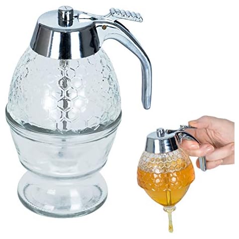 ORION Glas Spender Dispenser für Honig Sirup Honig-Dosierer mit Untersatz Speicher Ständer Cover