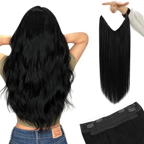 Image of YoungSee Invisible Wire Hair Extensions Jet Black Human Hair Wire Extensions Black Fish Line Hair Extension Real Human Hair Easy to Wear for Busy Lifestyles 18inch 85g