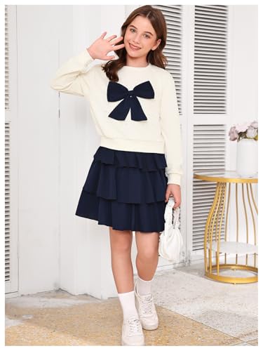 Image of OYOANGLE Girl's Cute 2 Piece Outfits Long Sleeve Bow Sweatshirts and Layered Ruffle Short Skirt Sets