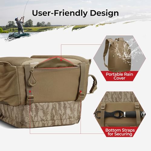 Image of Piscifun Fishing Tackle Backpack with Rod & Gear Holder, Lightweight Outdoor Water-Resistant Fishing Shoulder Storage Bag with Protective Rain Cover, Khaki Camouflage
