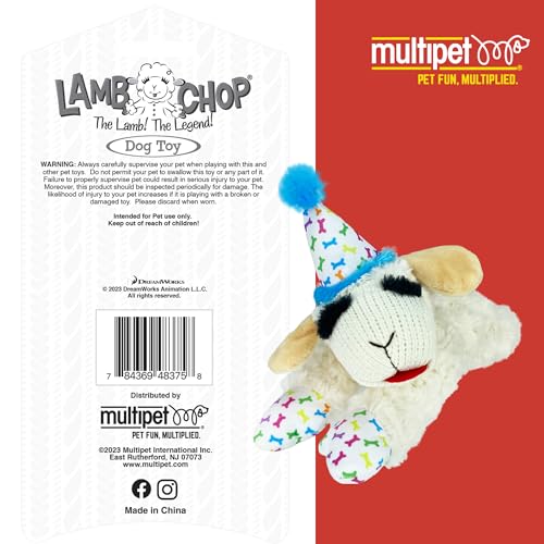 Multipet Lamb Chop Dog Plush Toy w/Birthday Hat - Squeaky Toy for All Dogs - Extra Soft Plush - Stuffed Animal for Cuddling & Playing (10.5", Blue Hat, 5 Squeakers) by Multipet - Image 5