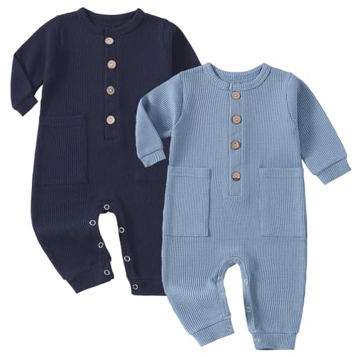 Image of Yookoom Baby Boys Girls 2 Pack Solid Romper Ribbed Long Sleeve One-Piece Knit Cotton Jumpsuit Outfits Clothes