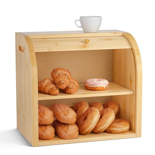 G.a HOMEFAVOR Roll Top Bread Box for Kitchen Counter, Large 2-Tier Bamboo Bread Storage Container...
