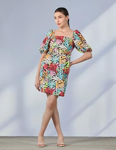 Image of ONLY Tropical Printed Square Neck Puff Sleeves Cotton Sheath Dress
