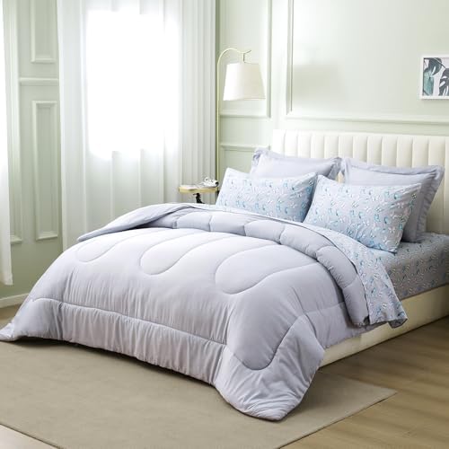 ARTALL Queen Bed in a Bag 7 Pieces, Light Gray Solid Comforter with Cute Colorful Butterfly Sheet Set, Soft Reversible Bedding Sets with Comforter, Sheets, Pillowcases & Shams for All Seasons