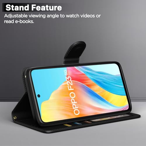 Image of Pikkme Flip Cover for Oppo F23 5G| Leather Finish | Shockproof with Card Pockets & Wallet Stand | Ultimate Protection Case (Black)