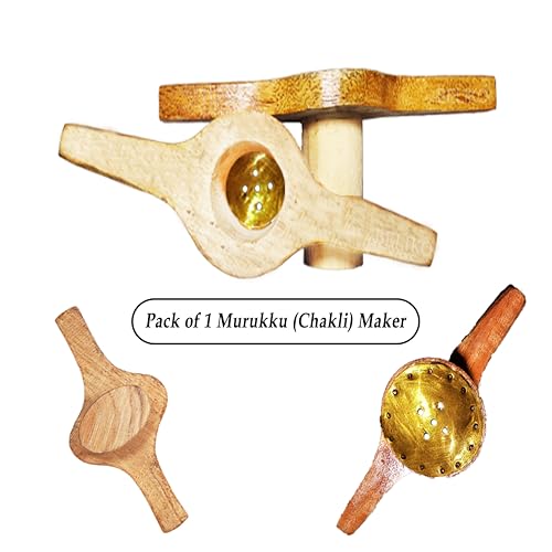 Image of Handmade Wooden Kitchen Press Maker - Wood Murukku Maker - Kitchen Tool - Chakli Maker with Brass Bottom Sheet and 5 Holes
