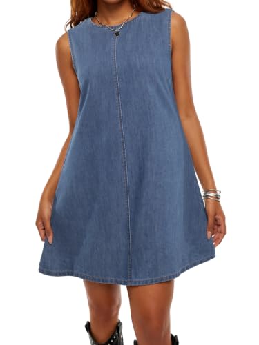 Image of KIFOVEN Women's Crew Neck Sleeveless A Line Casual Mini Denim Dress