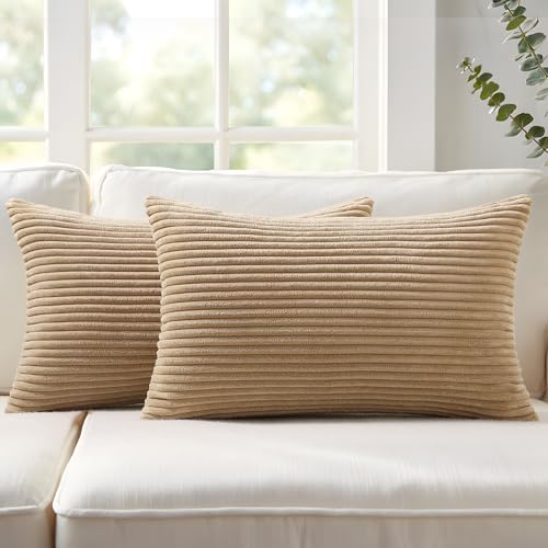 Image of Mecatny Corduroy Fall Decorative Throw Pillow Covers 12x20 Set of 2 for Sofa Living Room, Soft Neutral Boho Couch Pillow Covers for Home Decor, Khaki