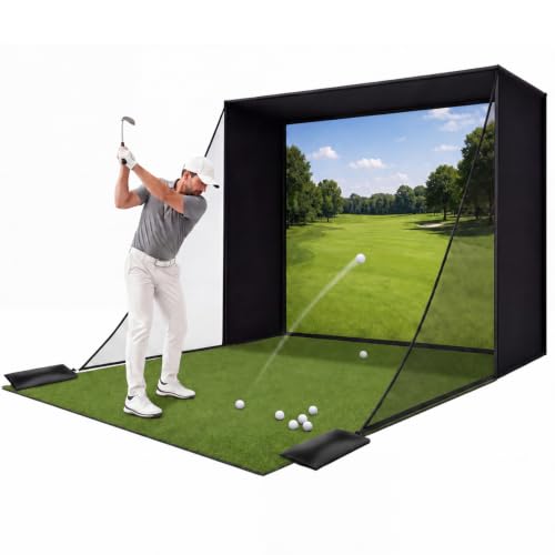 Silipull Golf Simulator Enclosure with Heavy-Duty Thickened HD Impact Screen 10.5 x 8 ft Golf Cage Net with 2 Side Barriers & Target Cloth Professional Home Indoor Training Setup