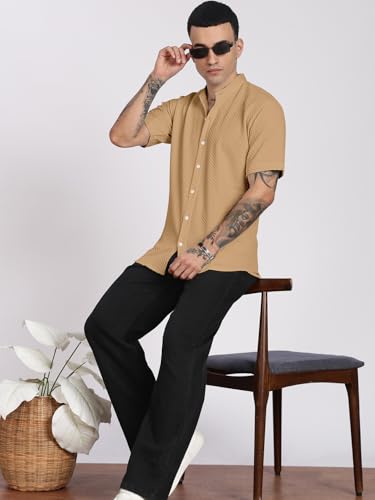 Image of Men's Regular Fit Solid Casual Shirt - Short Sleeve, Mandarin Collar, Lightweight Polyester, Stylish Everyday Wear