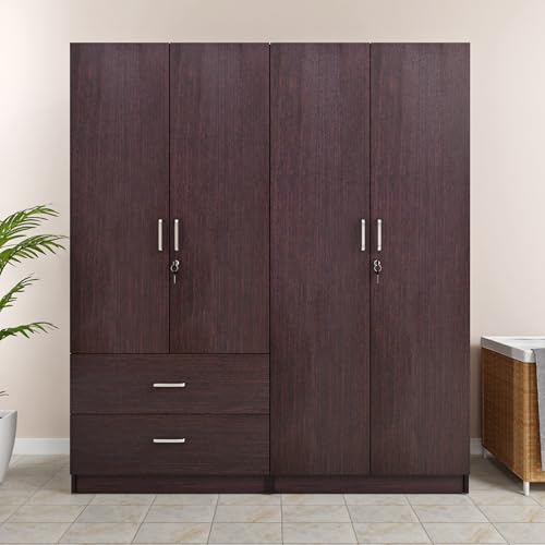 Image of VIKI Wardrobe | Wooden Almirah for 4 Door 2 Drawer with Shelves & Hanging Space Wardrobe (Dark Wenge - 40D x 160W x 180.8H) | 1 Year Warranty | Free Assembly
