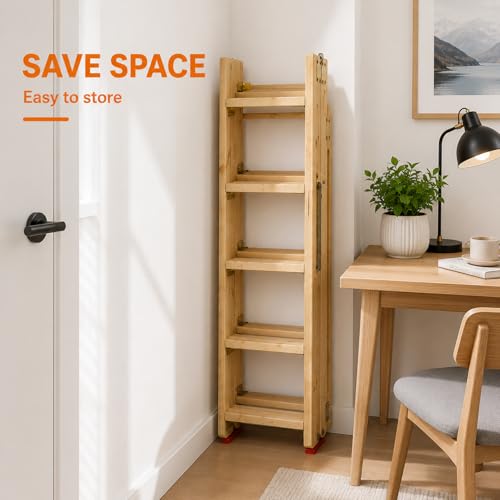Image of 9.8ft Folding Wooden Loft Ladder, 12 Steps Rolling Library Ladder with Dual Handrails, Industrial Style SolidWood Step Ladder, Portable Loft Attic Ladder, 660LBS, for Attic, Warehouse, Library