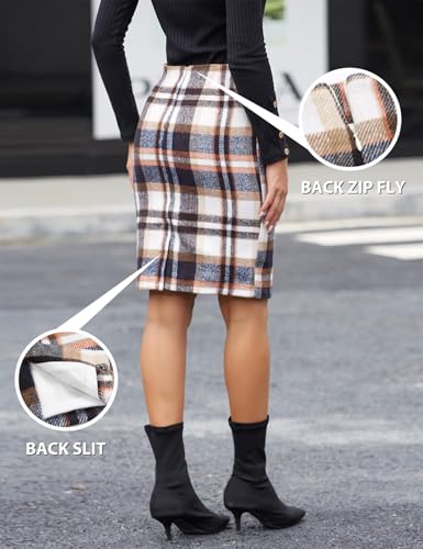 IDEALSANXUN Plaid Skirts for Women Fall Winter Knee Length Pencil Wool Skirt with Slit4