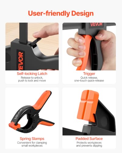 Image of VEVOR Bar Clamps for Woodworking, 8-Pack, 6 inch and 12 inch, with Spring Clamps, One-Handed Clamp /Spreader, 154 lbs Load Limit, Quick Release, Self-Locking Design, for Wood Working and Metal Working