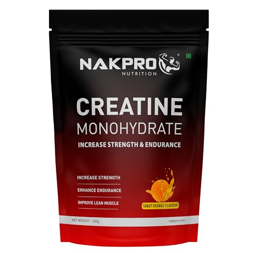 NAKPRO Micronised Creatine Monohydrate 250g powder, Tangy Orange - (62 Servings)|Increases Strength, Reduces Fatigue & Boosts Muscle Growth|Pure Creatine Powder for Men, Women & Athletes