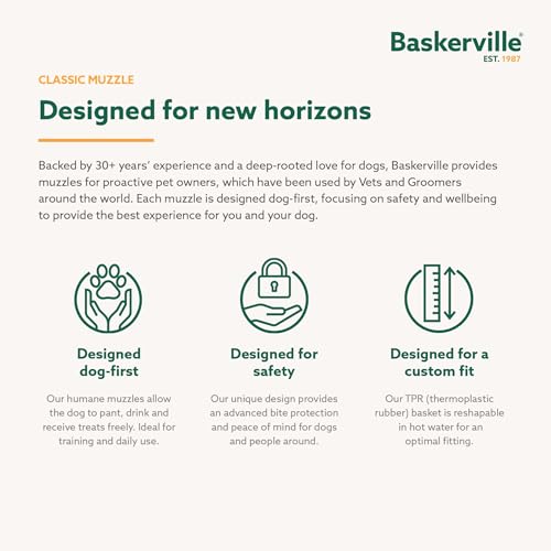 BASKERVILLE CLASSIC MAULKORB - Gestattet Hecheln und Trinken, verhindert Beißen und Stöbern nach Essen, ideal für Hunde mit langen Nasen, Trainingsmaulkorb für mittelgroße Hunde (Größe 7)