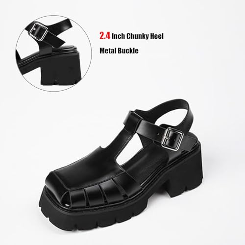 Women's Leather Braided Chunky Heel Caged Sandals With Adjustable Buckle Vintage Closed Square Toe Platform Lug Sole Backless Gladiator Y2K Sandals For Summer Party Work Causal Walking2