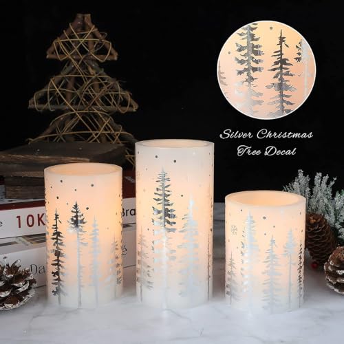 Image of Christmas Flameless Candles with Remote & Timer Flickering Real Wax LED Pillar Candles, Silver Christmas Tree Snowflake Battery Operated Candles, Xmas Gift Farmhouse Home Holiday Decoration - Set of 3