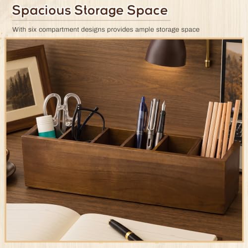 Image of Jetec Wooden Pencil Pen Holder for Desk 6 Compartments Cosmetic Makeup Brush Stationery Office Desktop Organizers for Countertop Adjustable Silverware Caddy for Party, Home, Art Supplies(Walnut)