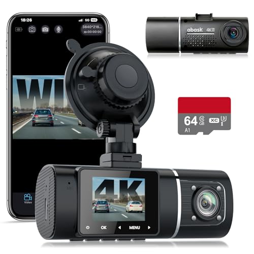 Abask Dashcam Auto, 4K WLAN Dashcams Vorne Innen, App-Steuerung, Auto Kamera 310 Grad mit 64GB Karte, Eingebaute Anzeige 1,5'' Dashcam mit Parküberwachung, Nachtsicht, G-Sensor, Schleifenaufzeichnung